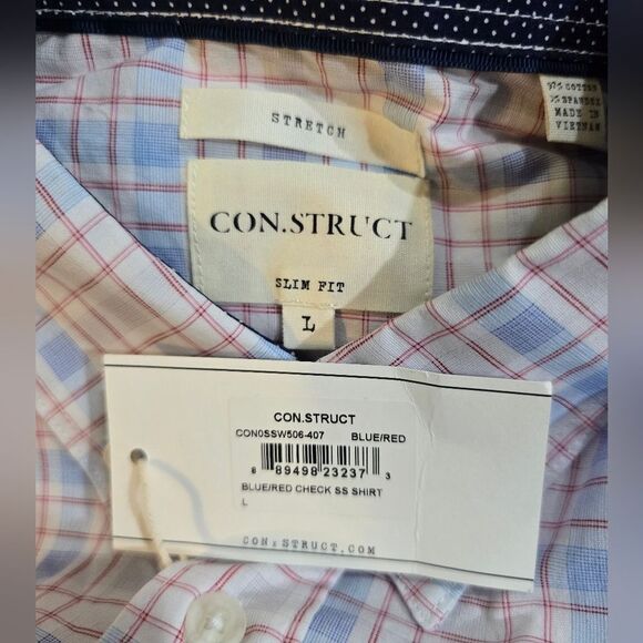 CON.STRUCT Slim Fit Short Sleeve Stretch Button-Up Shirt NWT sz Large checkered - Picture 3 of 3